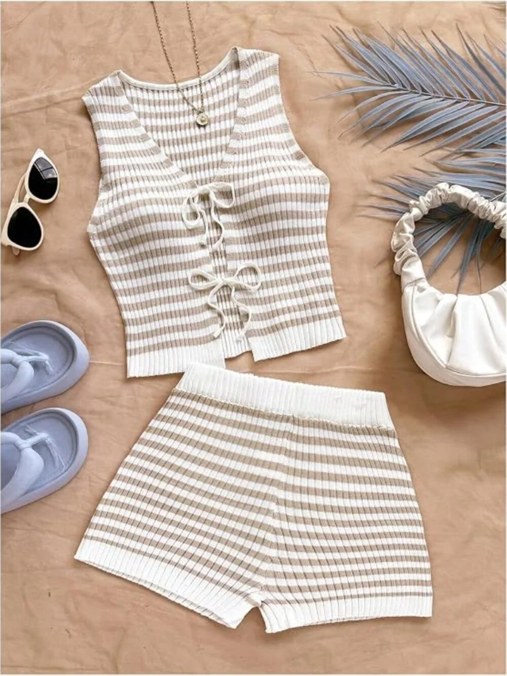 SOLY HUX Women's Striped Two Piece Short Set Tie Front Tank Top and Shorts Knit